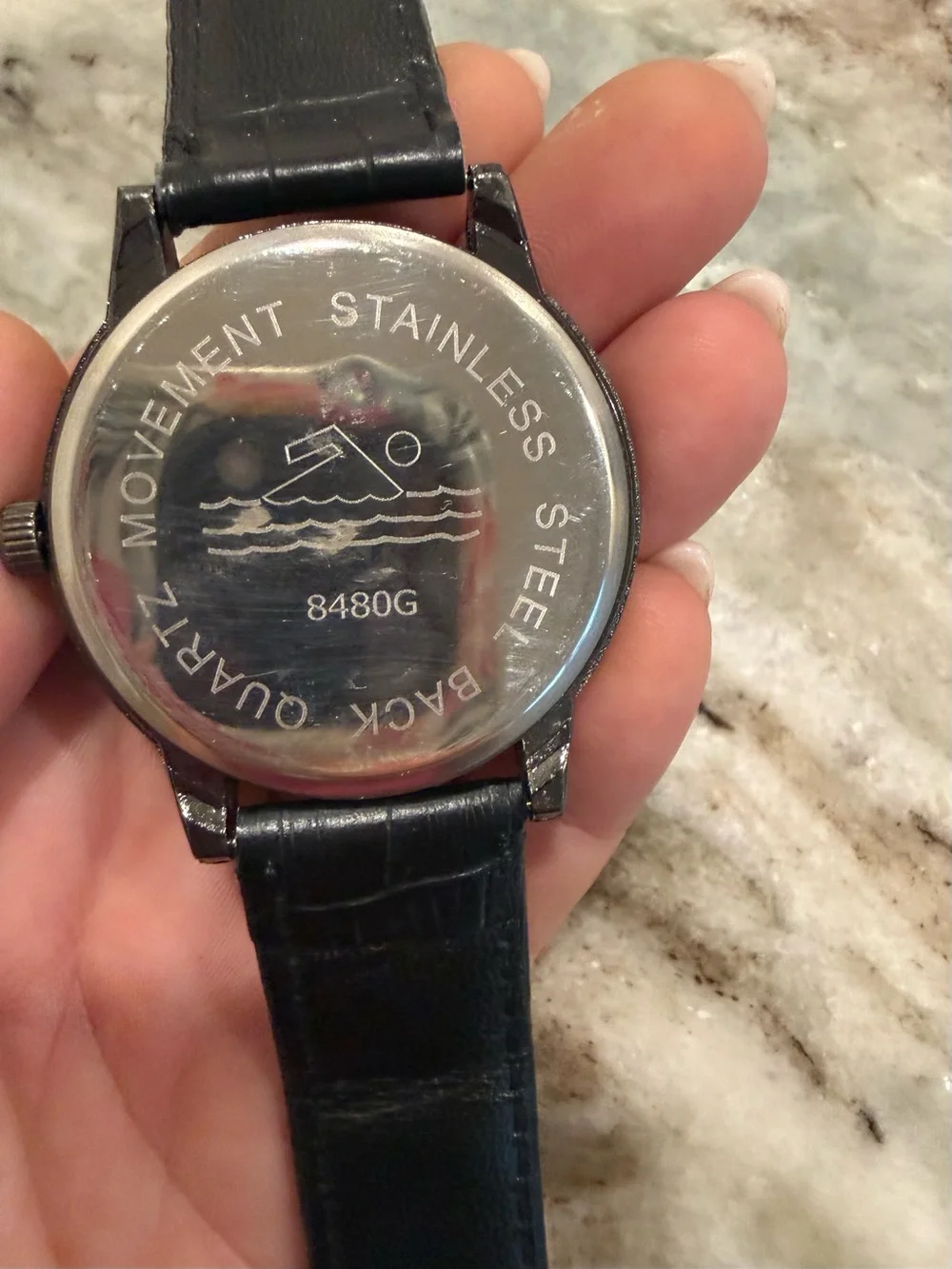 Men's Black Leather Strap Watch with Silver Dial